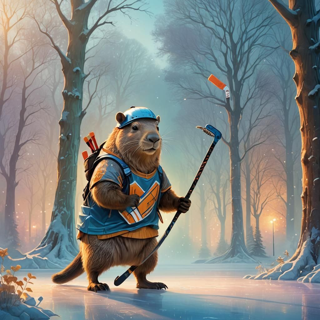 Capybara Hockey Player on Misty Ice Rink