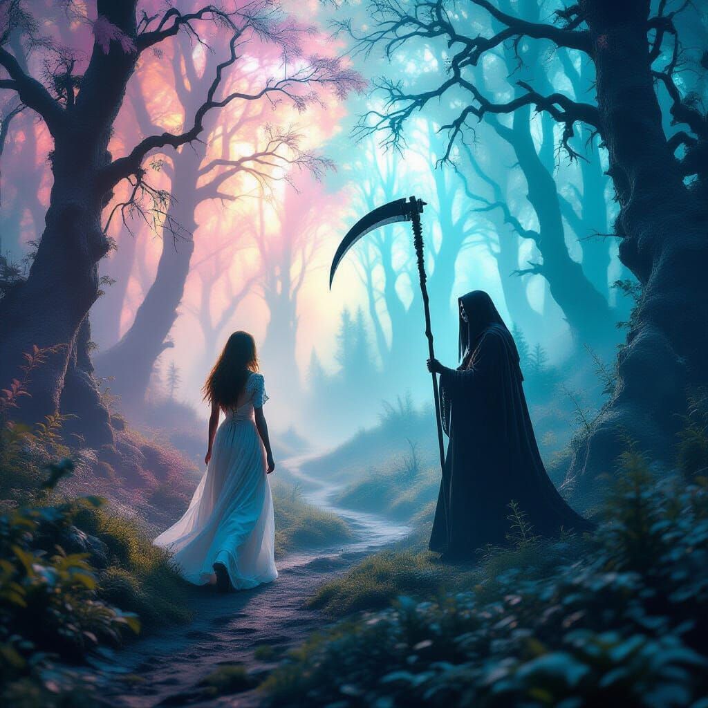 Surreal Dream Forest Encounter with Skeleton Guardian