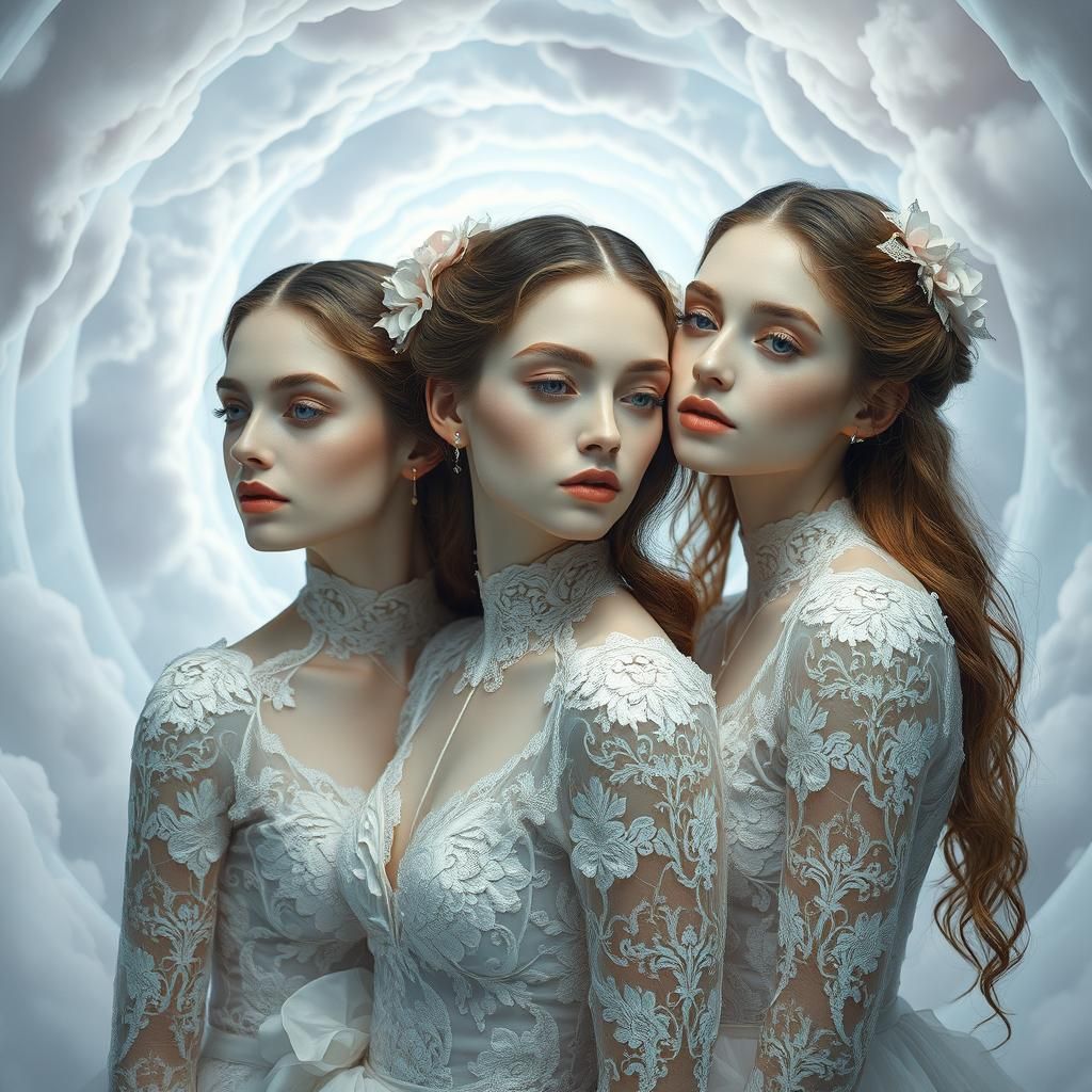 Ethereal Women in Lace Garments Against Spiral Space