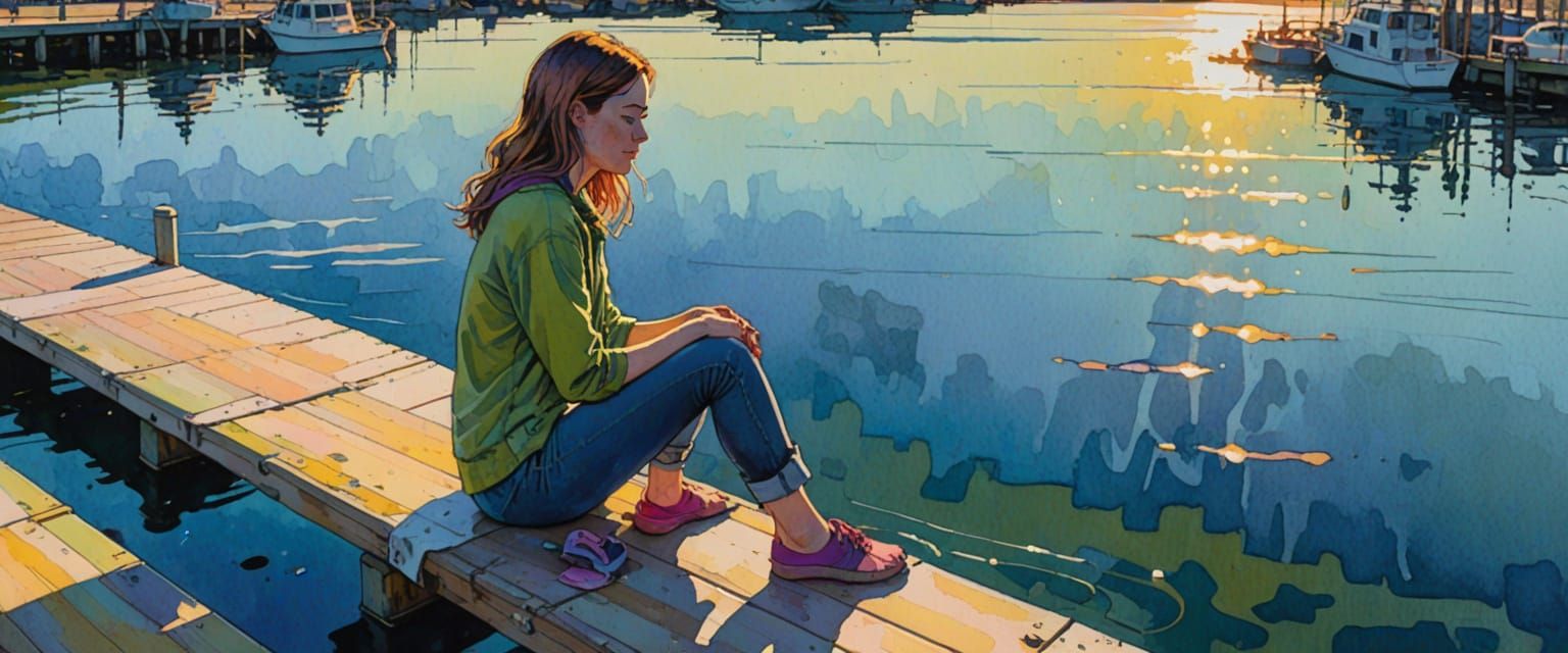 Girl on Pier in Late Afternoon Sunlight, Comic Watercolor St...