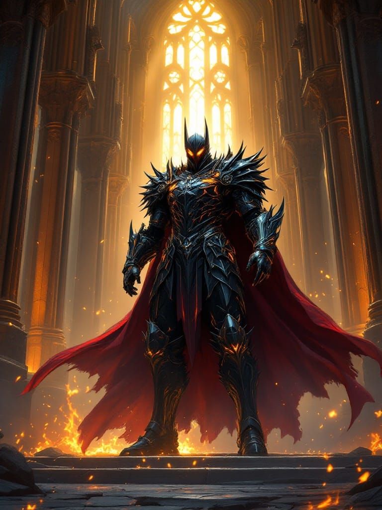 Dark Knight in Obsidian Armor, Gothic Cathedral Background