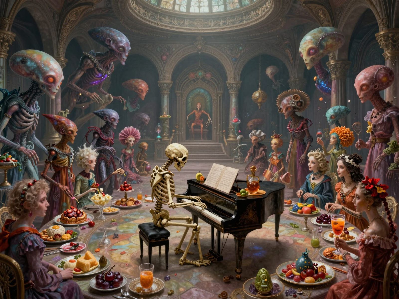 Skeletal Pianist in Abandoned Ballroom
