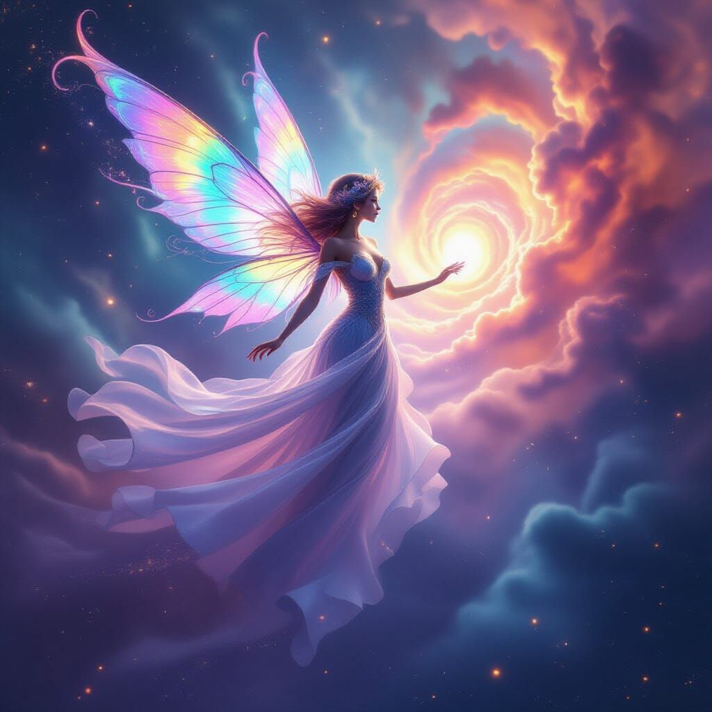 Celestial Fairy Spirals Through Astral Nebula