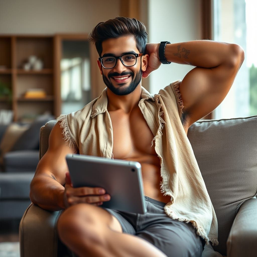 Muscular Man Lounging in Cozy Living Room