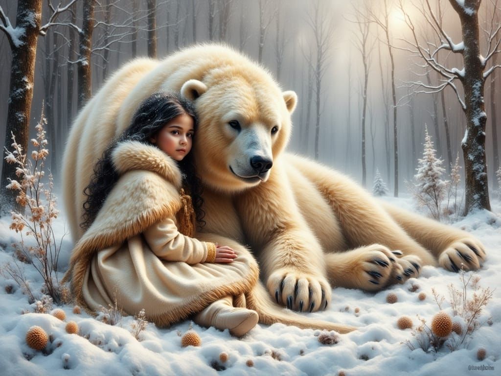 Young Girl in Winter Wonderland with Polar Bear