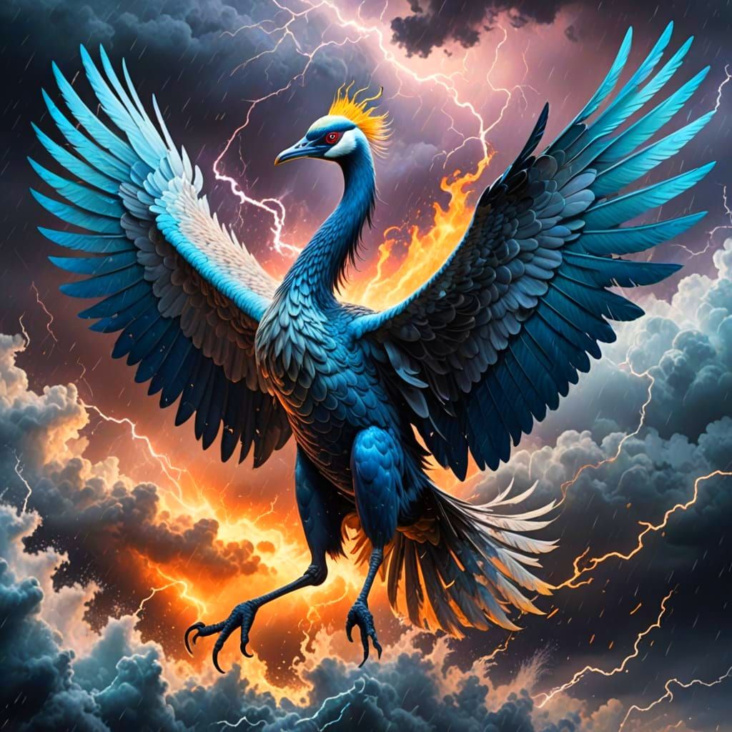 Iridescent Mythical Crane in Magic Storm