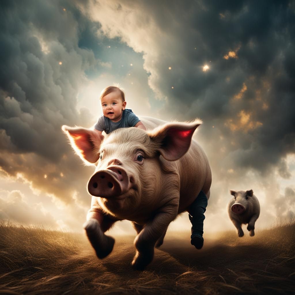 Baby Rides Pig in Cloudy Sky, Cinematic HDR