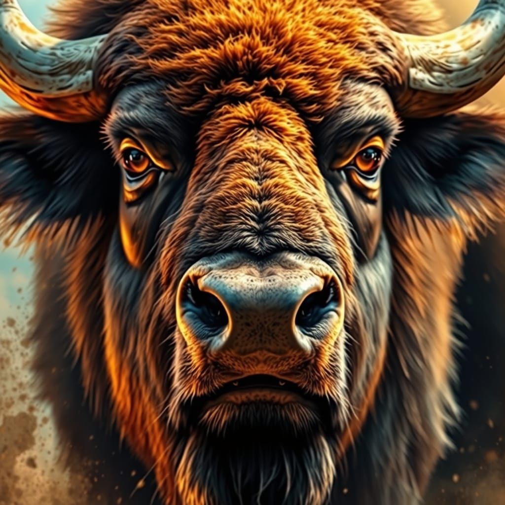 Wild Bison Bull in Vivid Hyperrealistic Portrait