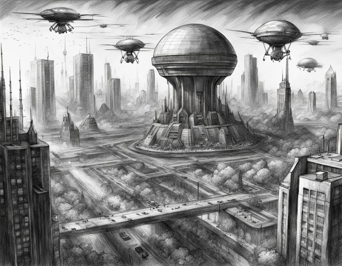 Futuristic City Under Siege: Dramatic Pencil Sketch