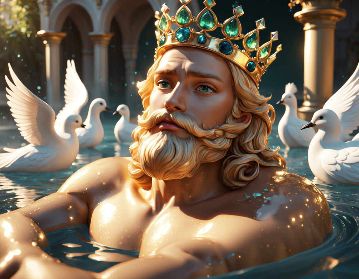 Golden Beard King in Whimsical Fountain Scene
