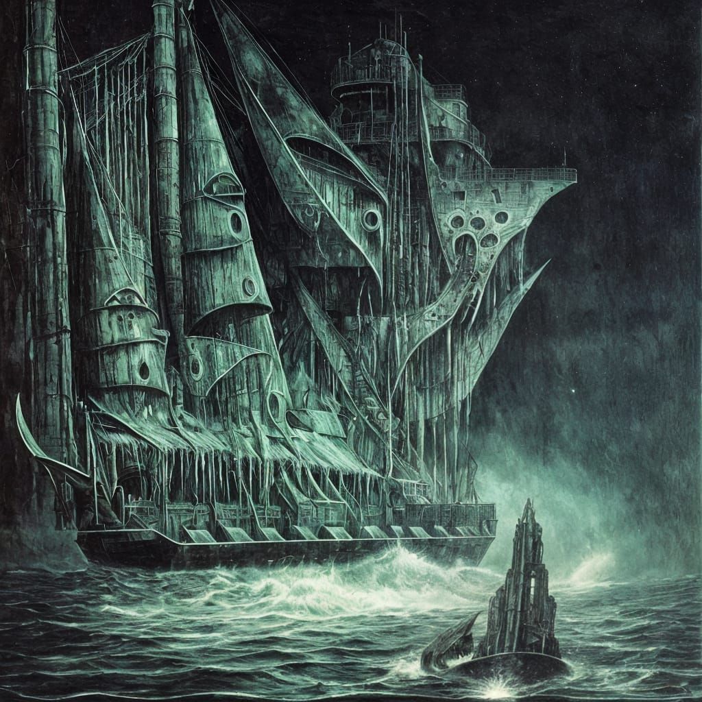 Surreal Ghost Ship Sailing in the Dark Night