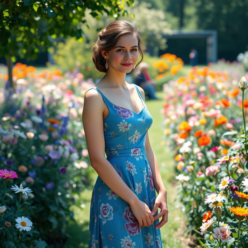 Woman in Blue Dress in Impressionist Garden