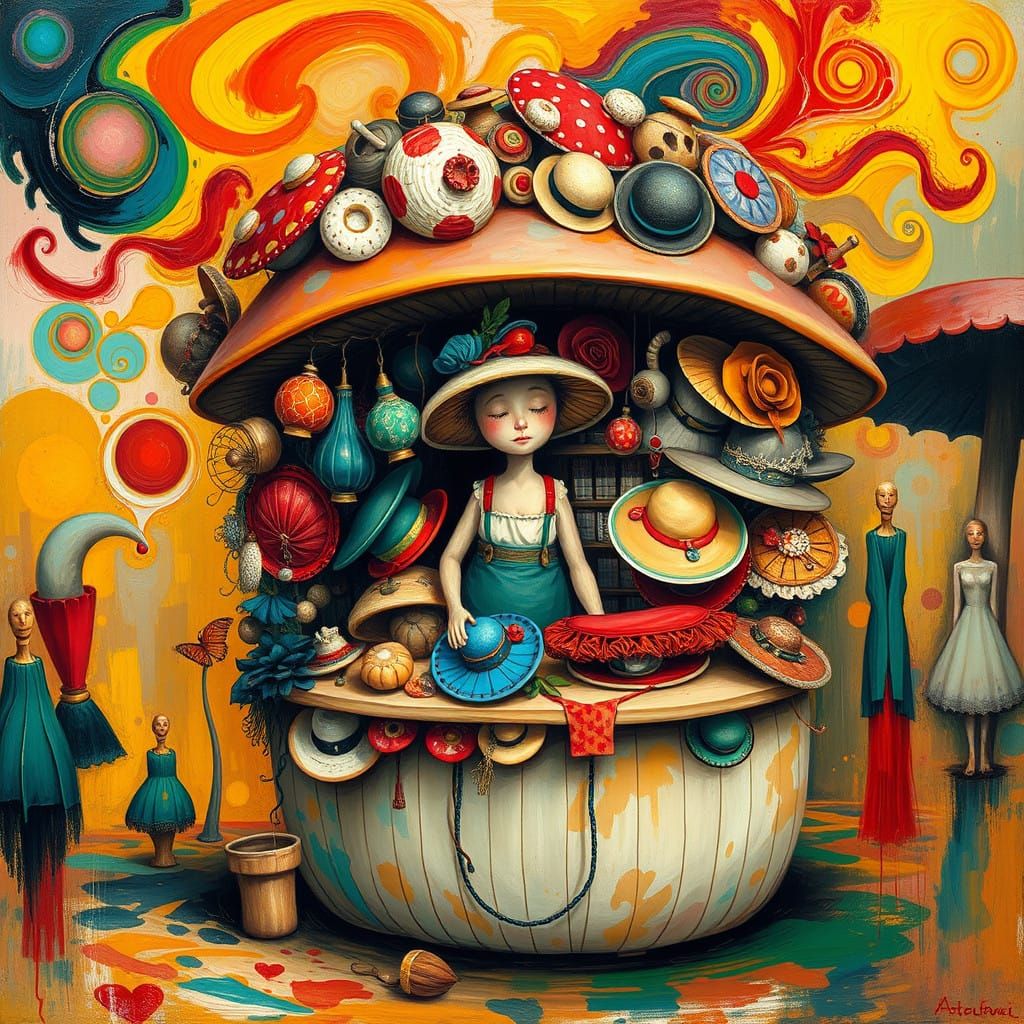 Whimsical Mushroom Vendor in a Fantastical Market Scene