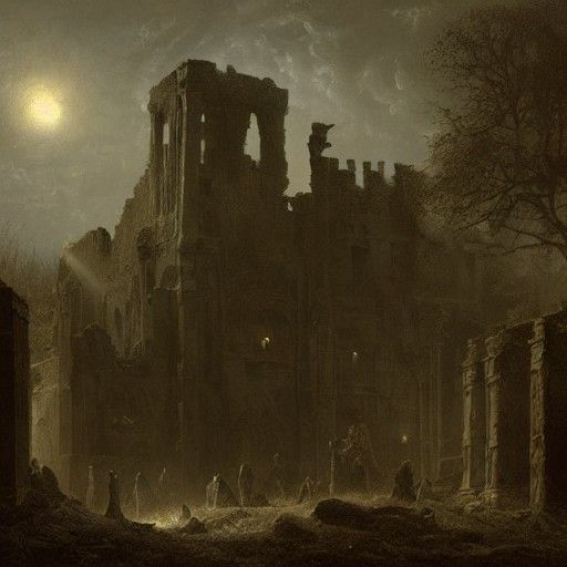 Ghosts Outside Ruined Castle in Hyperrealistic Horror