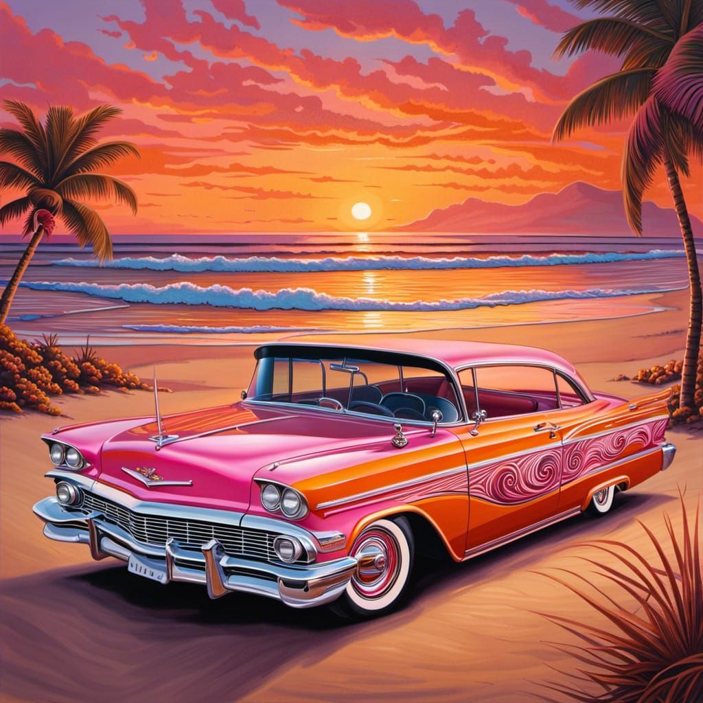 Lowrider Car at Sunset Beach