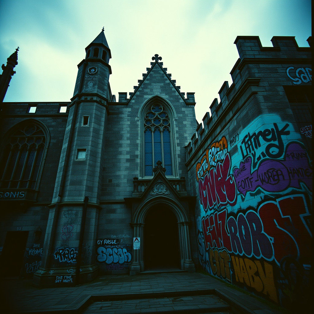 Gothic Building with Graffiti in Cinematic Style