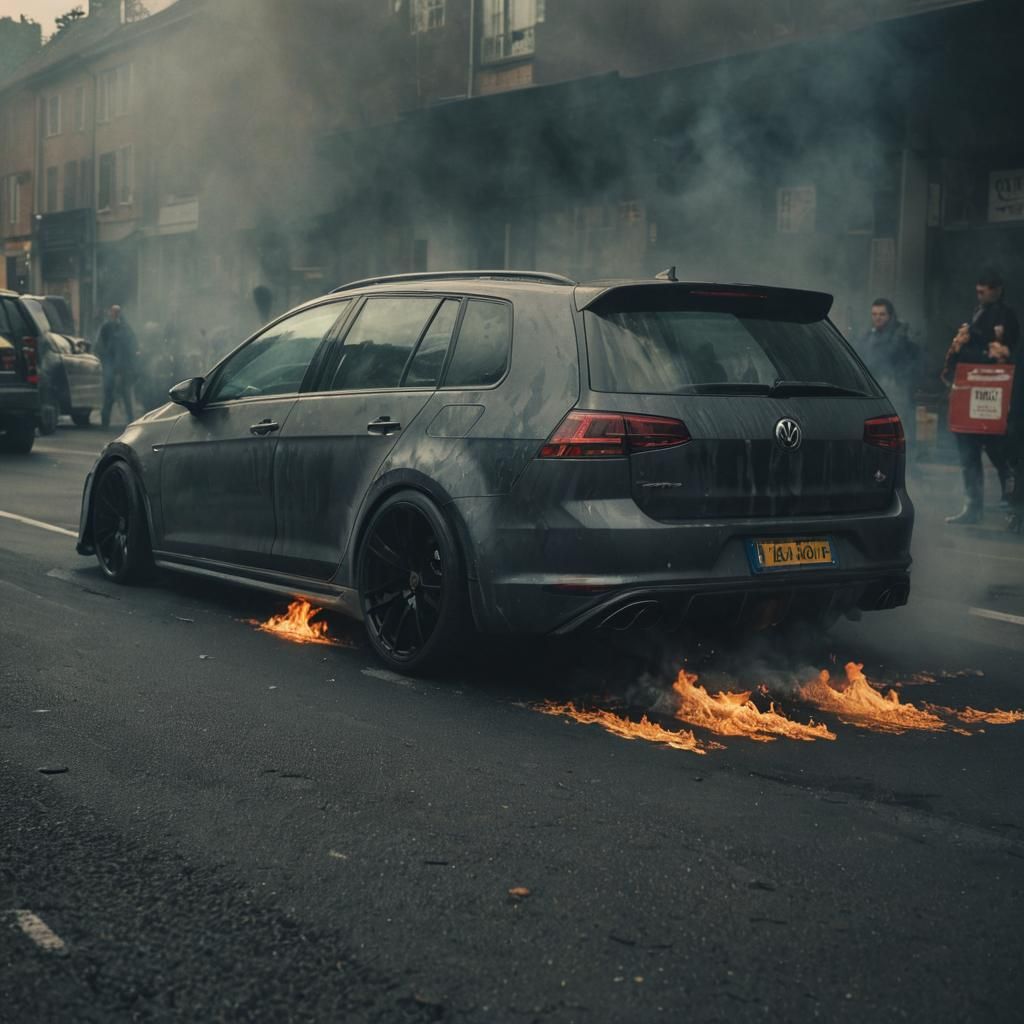 VW Golf 7R Widebody on Fire, Cinematic Film Still