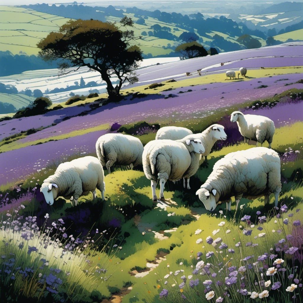 Blooming Meadow Landscape in Watercolor Style