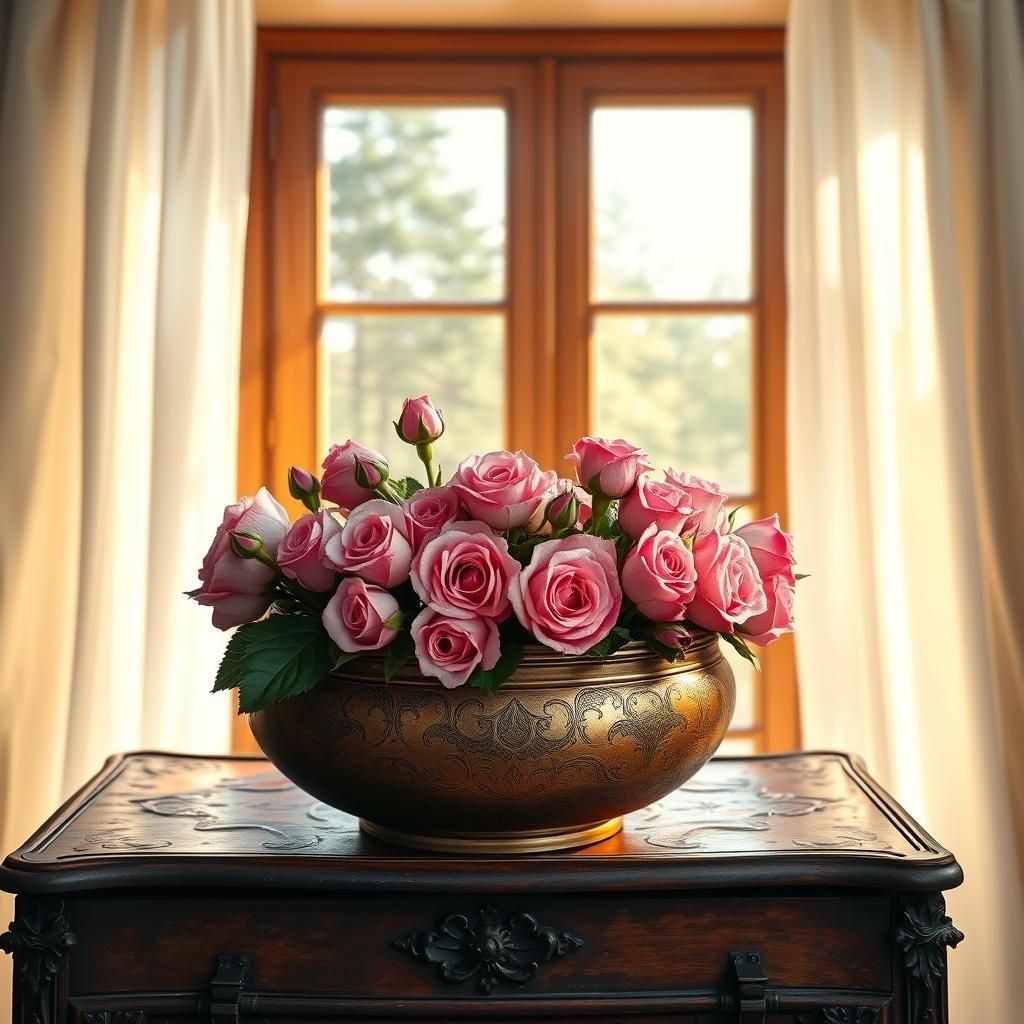 Rose Buds in Brass Bowl: Impressionist Gouache