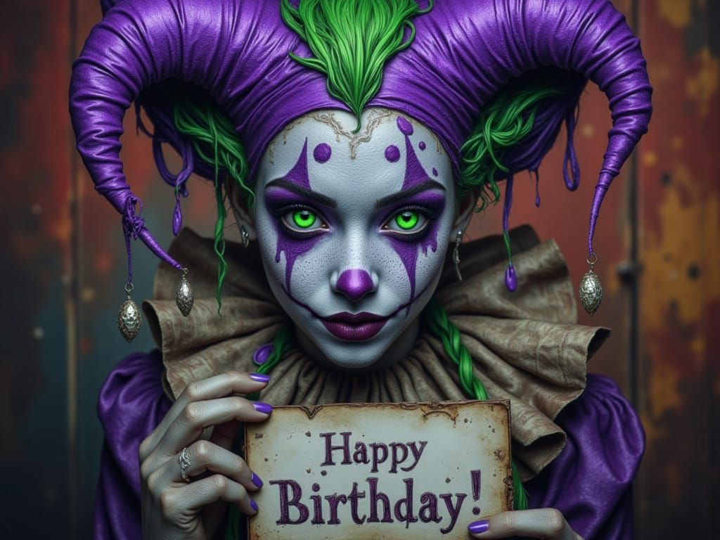 Cute Jester Holding "Happy Birthday" Sign in Purple and Gree...