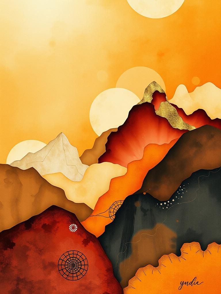Mystical Mountains in Modernist Style with Gold Leaf