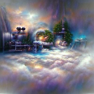 Ethereal Minimalist Space Station in Fantasy Landscape