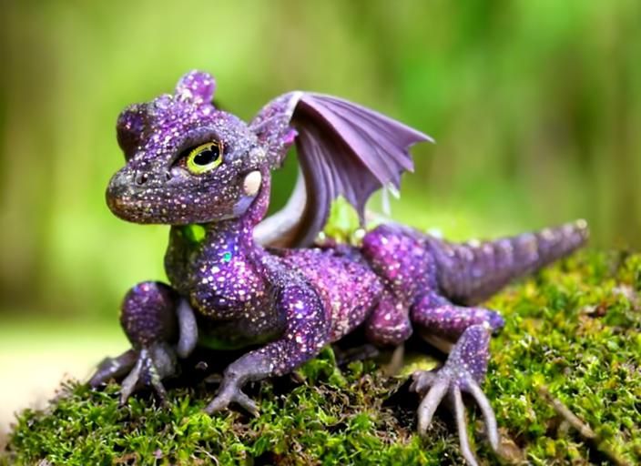 Adorable Purple Baby Dragon in Forest, Photorealistic Style
