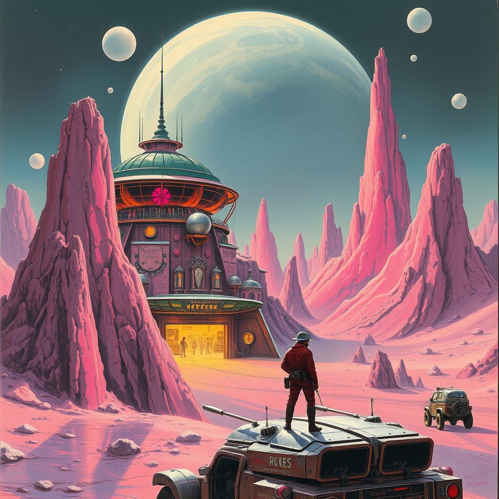 Vibrant Atompunk Scene with Futuristic Aliens and Retro-Futu...