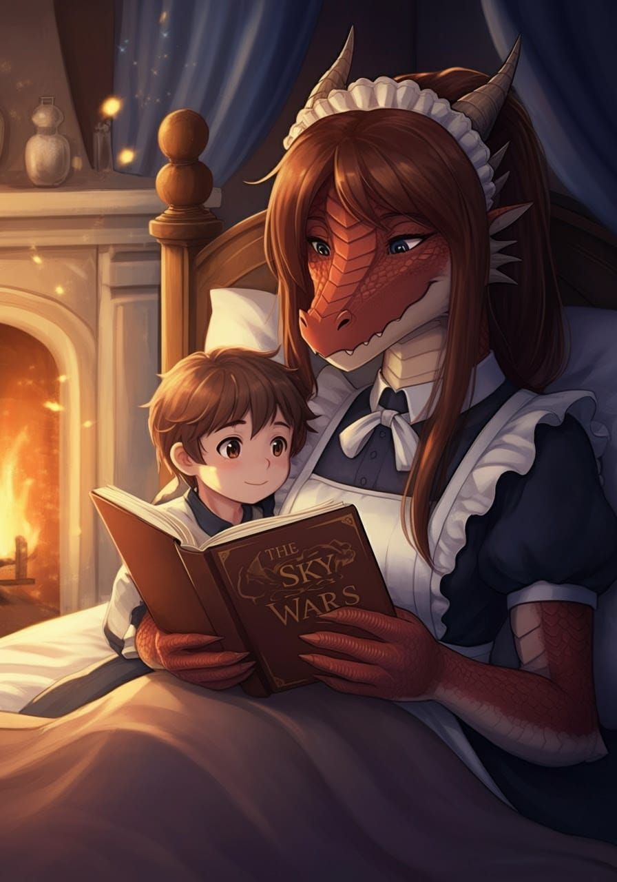 Whimsical Castle Scene with a Tender Dragon Mother