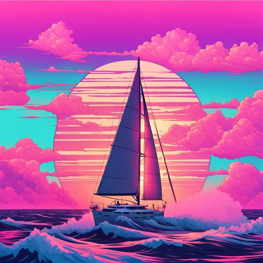 Vaporwave Yacht Sailing at Sunrise