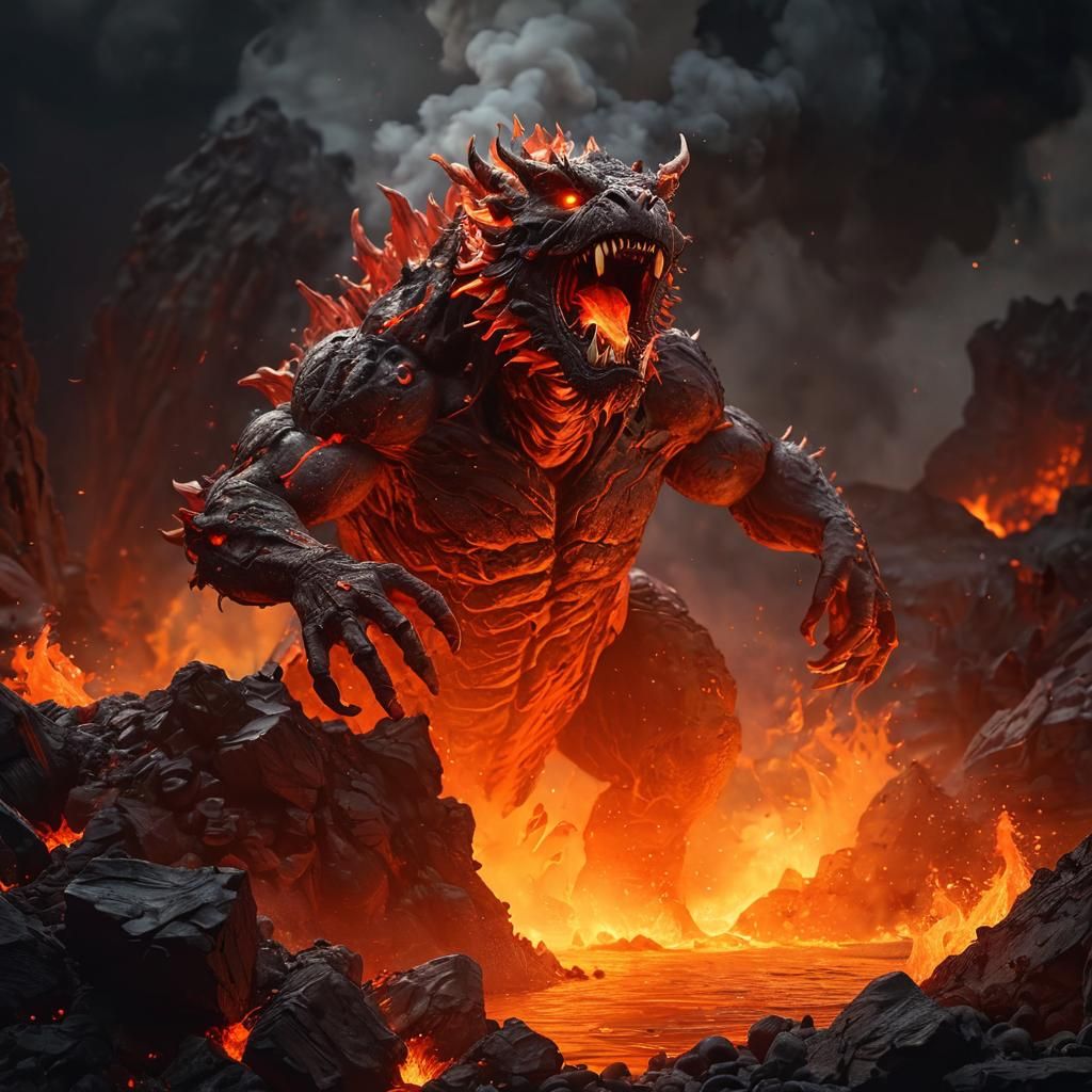 Lava Beast Rises from Fiery Pit: Hyperrealistic Digital Art