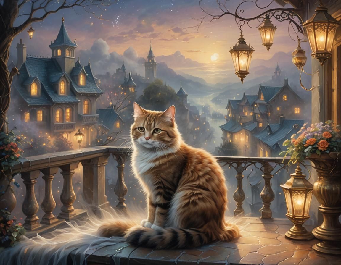 Cat on Balcony in Misty Fantasy Art