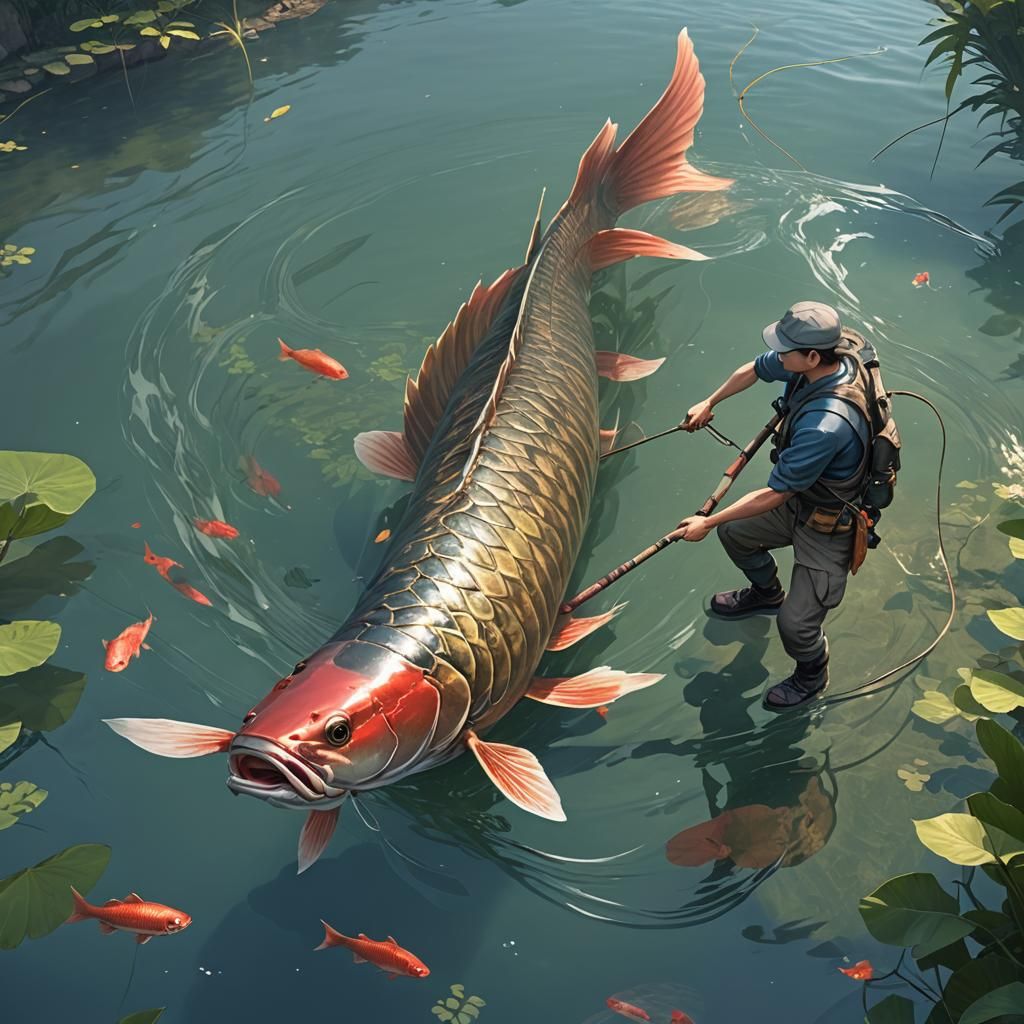 Fisherman Battles Giant Arowana: 3D Anime Art