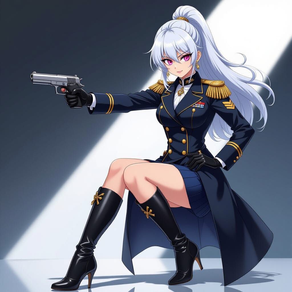 Anime Female Admiral With Pink Eyes and White Hair