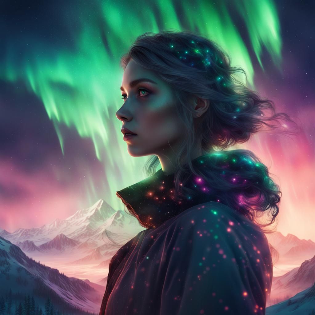 Girl Silhouette Double Exposure Northern Lights