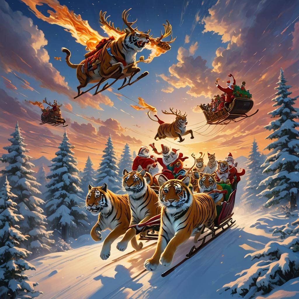 Santa's Sleigh Pulled by Tigers: Digital Art