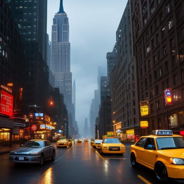 New York City Street Scene with Yellow Cabs