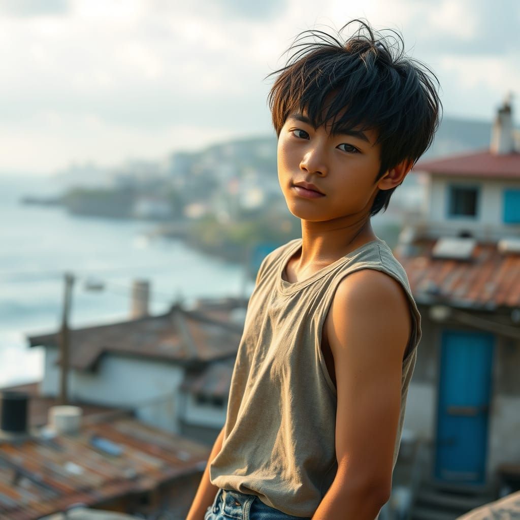 Young Okinawan Man in Relaxed Pose, Inspired by Japanese Ani...
