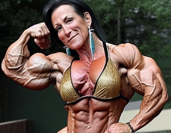 Muscular Female Bodybuilder Flexing Ripped Arms