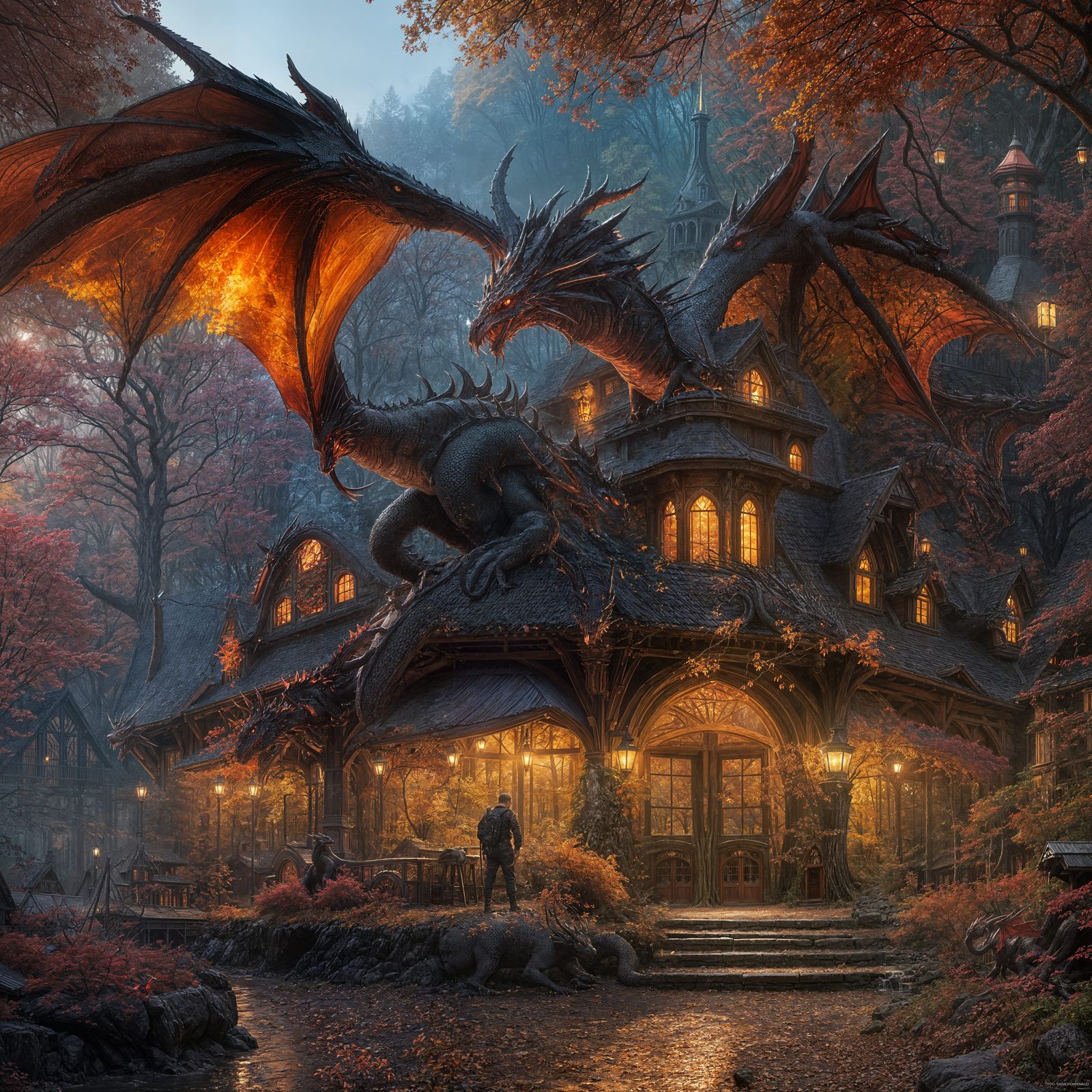 Red and Black Dragon in Autumn Forest, Kinkade Style