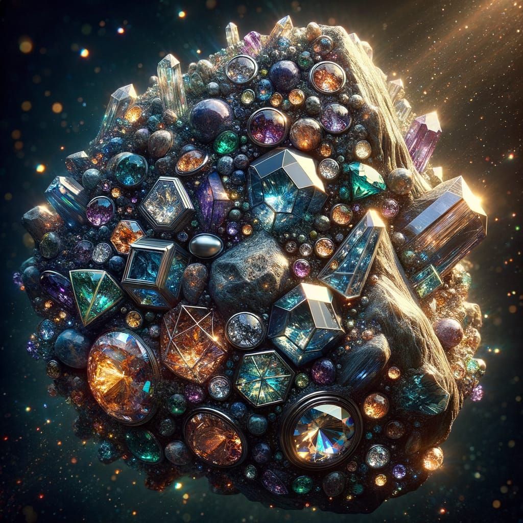 A rock that has many sharp angles and gemstones.