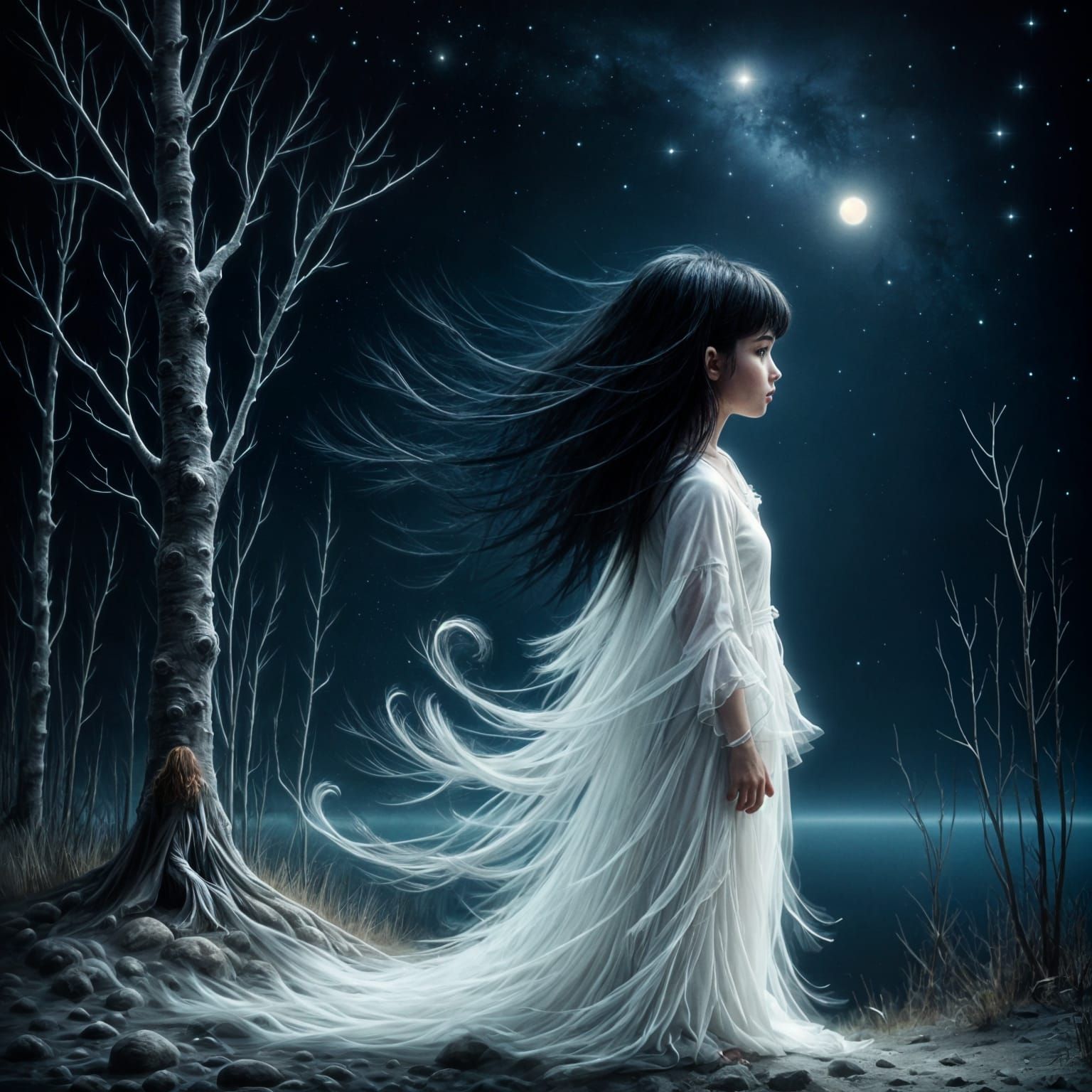 Girl Gazing at Stars in Antique Watercolor Style