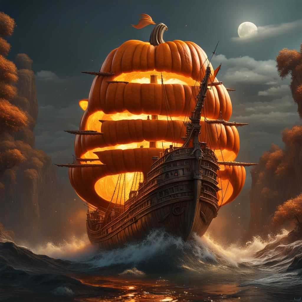 Intricate Pumpkin Carving of a Ship on Water