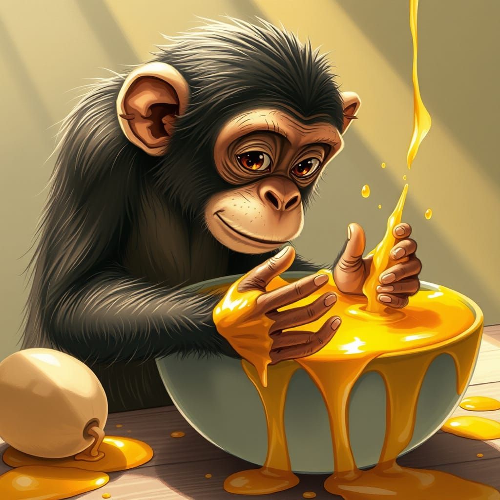 Chimpanzee Washes Hands in Golden Honey