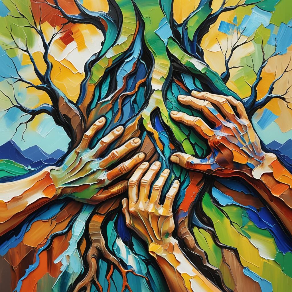 Two Hands Protect Earth in Expressionist Impasto Style