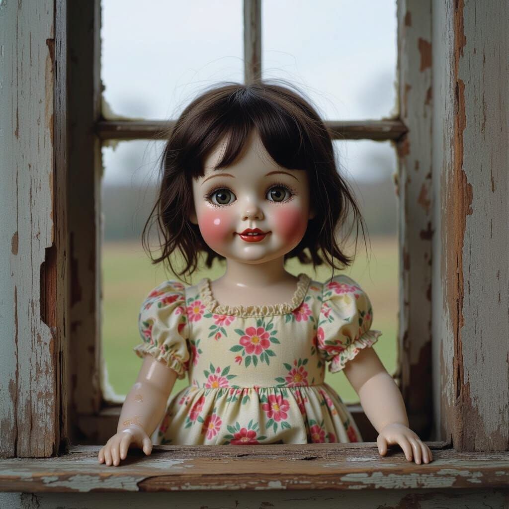 Surreal Porcelain Doll in Cracked Window