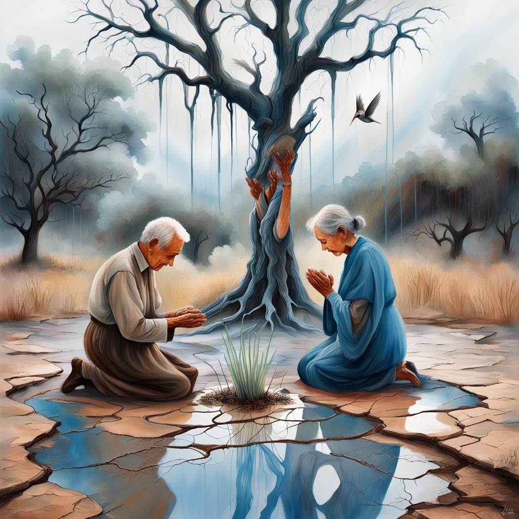 Double Exposure Painting: Elderly Couple Praying for Rain