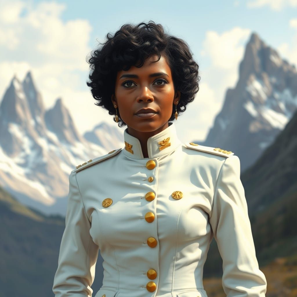 Dark Skinned Warrior in Prussian Military Uniform Standing i...