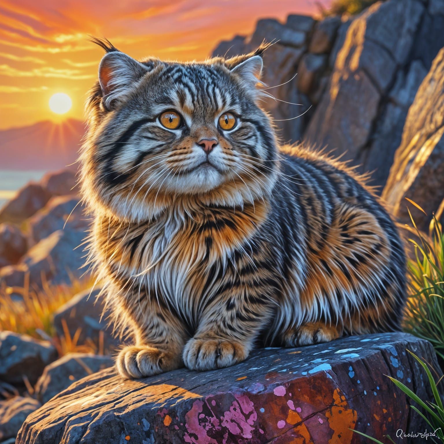 Happy Pallas Cat in Fauvist Oil Painting at Sunset