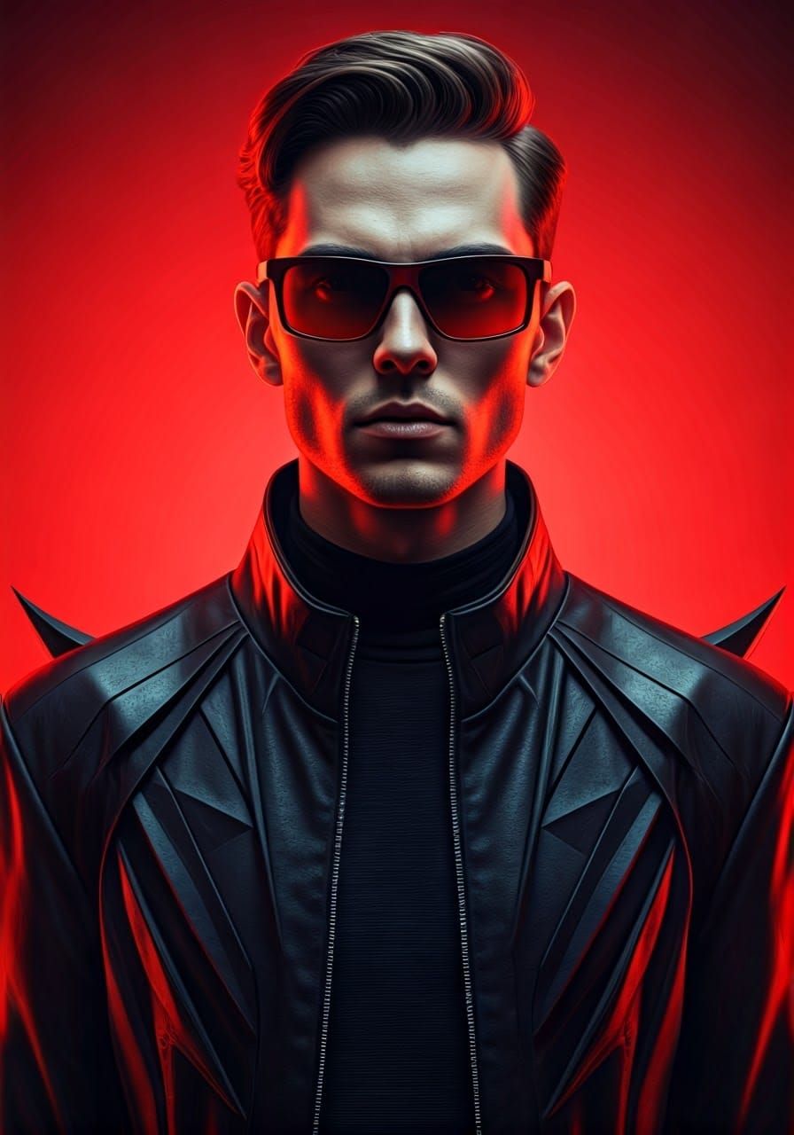 Intense Portrait in Red Sunglasses: Hyperrealistic Style